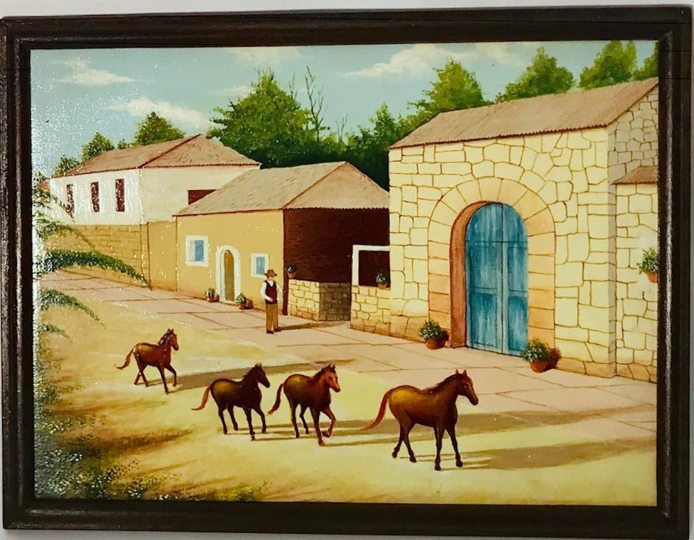 A painting depicting four brown horses walking down a street with a man standing on the side, all hand-painted on a wooden panel.
