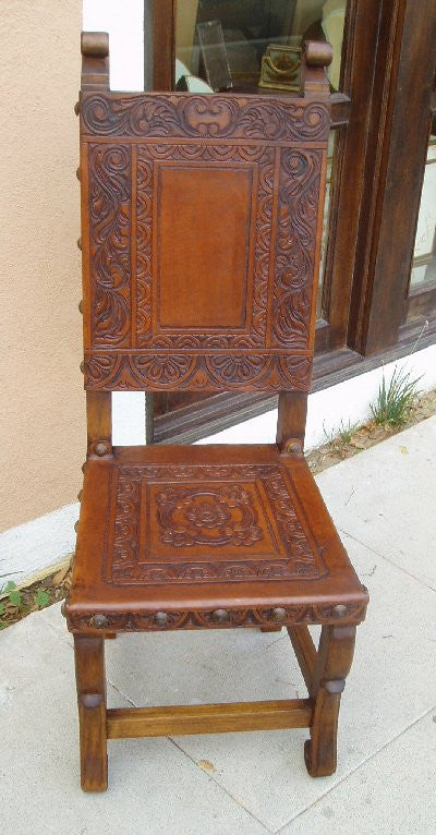 Spanish Colonial side chair with Ayacucho design hand tooled in leather - made in Peru - italian revival furniture, spanish style furniture