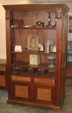 Spanish Colonial Leather Bookcase front view — chestnut finish, hand-tooled leather panels | R Furniture