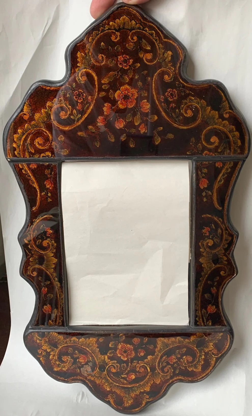 reverse painted glass mirror with painted flowers, olive brown