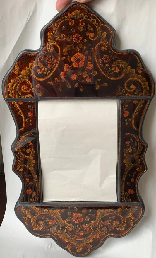 reverse painted glass mirror with painted flowers, olive brown