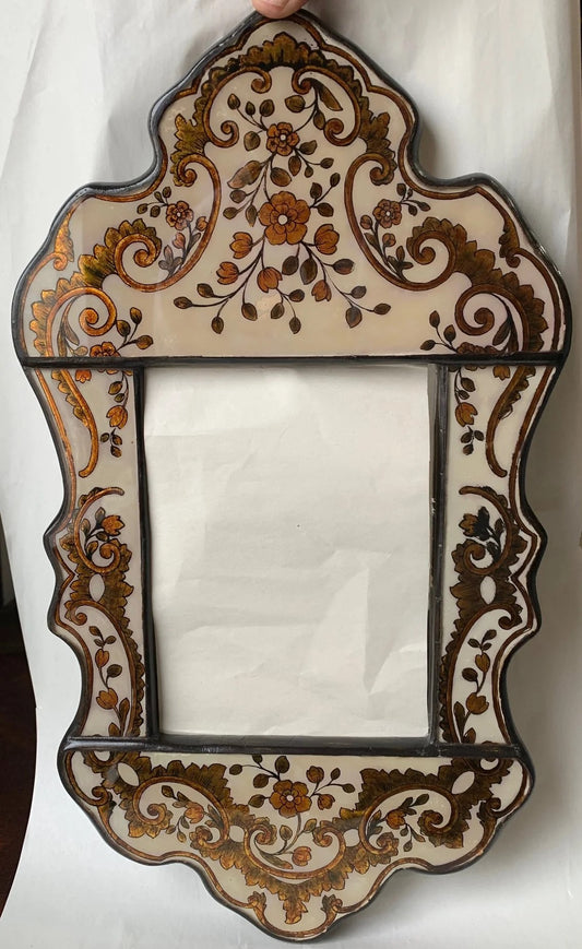 Reverse painted glass mirror Isabellina Creme with Gold details and flowers.