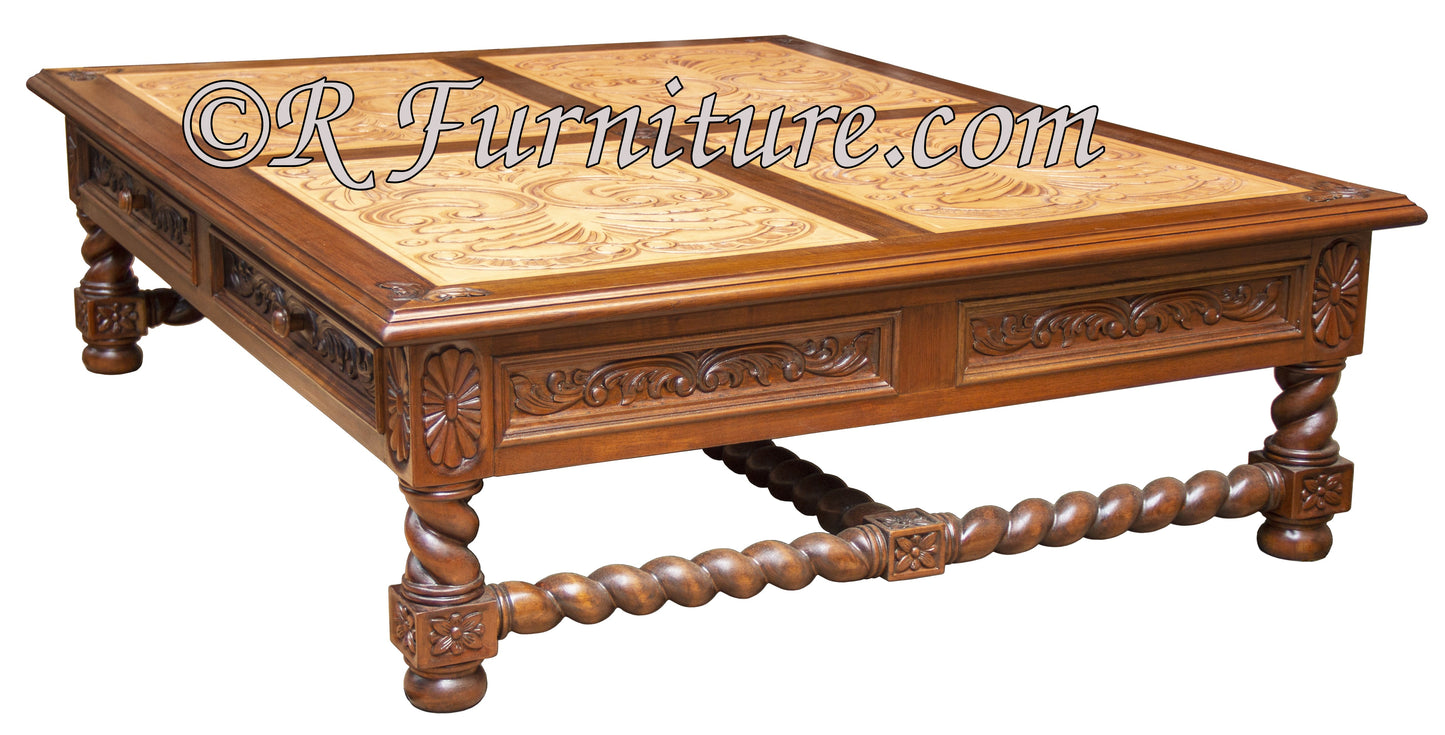 Italianate Coffee Table with Hand Carved Leather Panels | Italian Revival