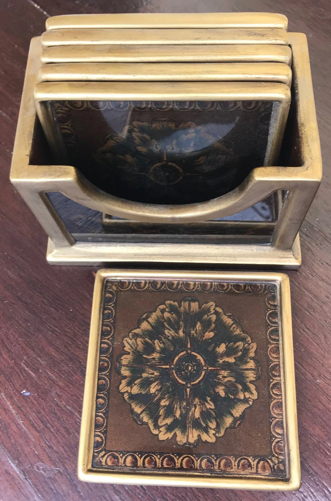 Medallion Reverse Painted Glass Coasters Olive Brown, set of 6