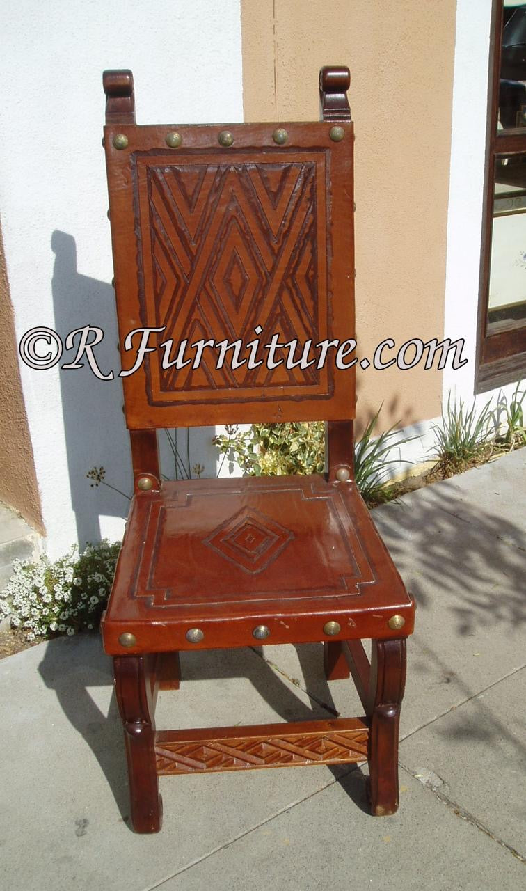Spanish Colonial Side Chair · Nazca Design · Hand Tooled Leather · Frailera · Chestnut · Handcrafted Peru