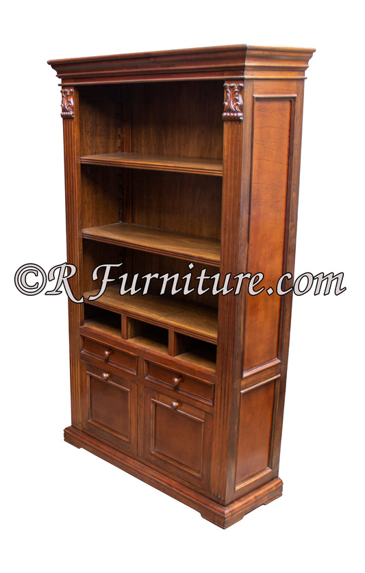 Spanish Colonial Bookcase with hand-tooled leather panels and file drawers — Old World style, handcrafted in Peru | R Furniture