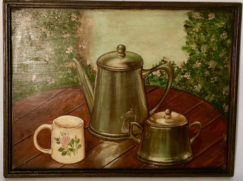 Still life of a coffee mug, coffee pitcher and sugar canister on table