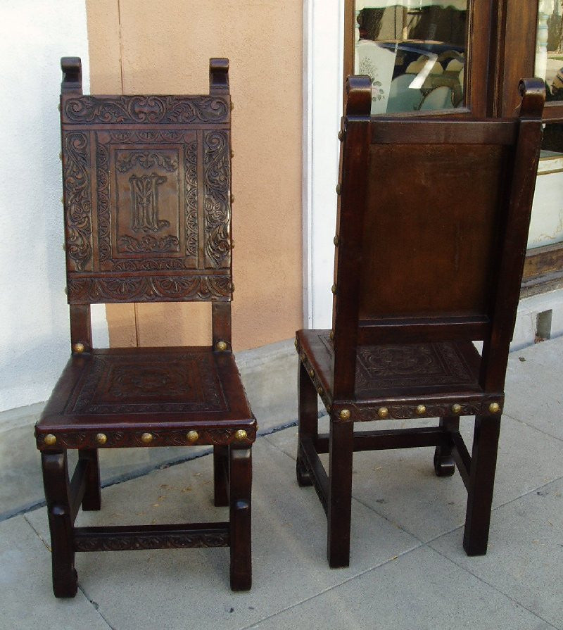 Spanish Colonial side chair with Ayacucho design hand tooled in leather - Made in Peru