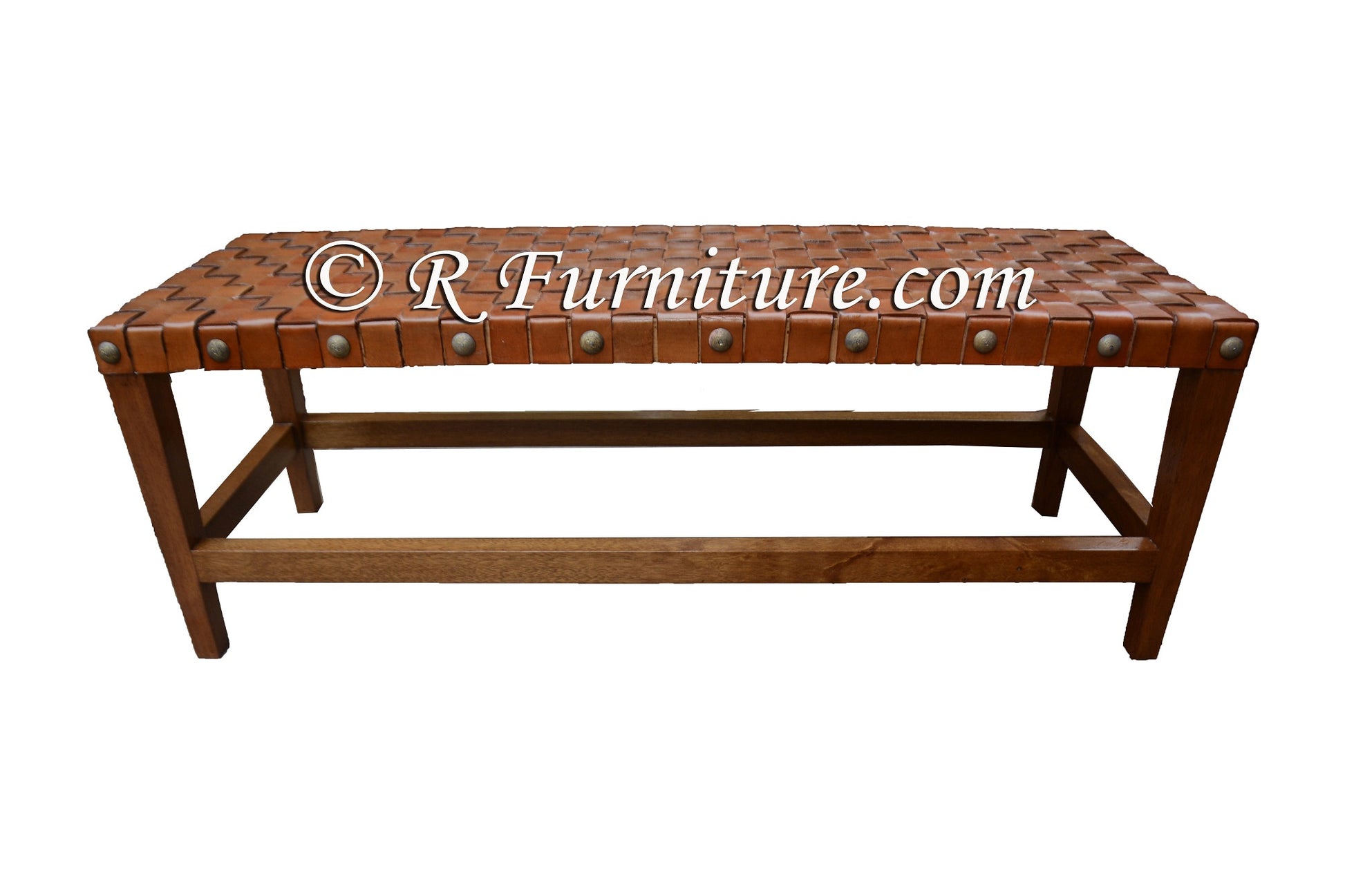 Spanish Modern Style bench, brown leather bench with metal accents and no back, featuring a rectangular seat and a sturdy wooden frame.