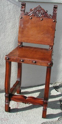 spanish friar bar chair - Spanish style Brown wooden bar chair with leather seat and intricate woodcarvings on the legs and crown.