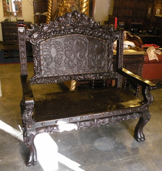 hand tooled leather spanish mediterranean bench