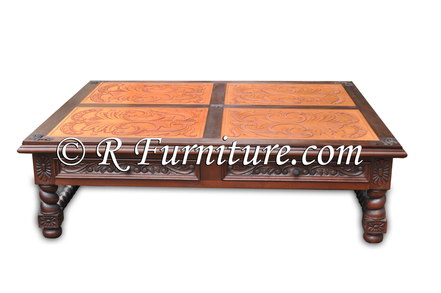 Italianate Coffee Table with Hand Carved Leather Panels | Italian Revival