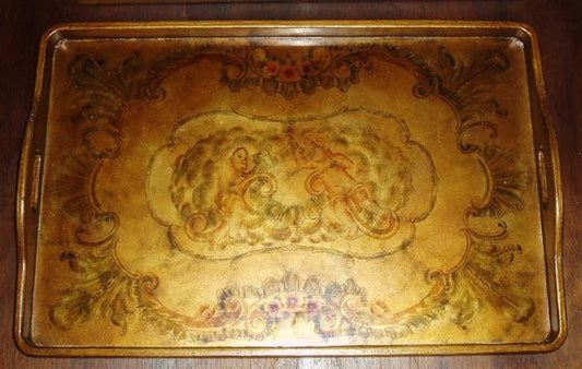Reverse Painted Glass Tray - Angels in Gold