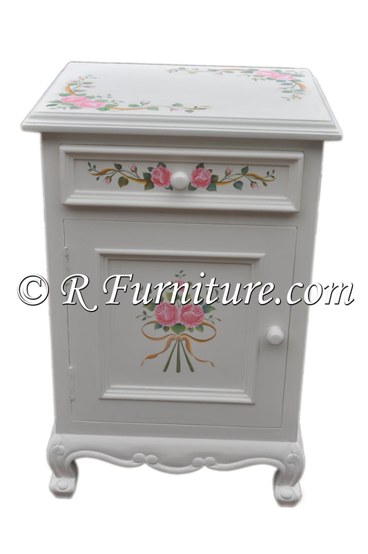 Nightstand, White with Pink Roses and Ribbon